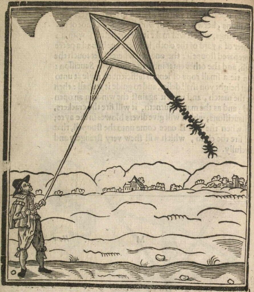 A woodcut illustration by GW Dijsselhof of a man in 19th century garb standing in a field holding the kite line of a a flying kite. The kite has a black tasselled tail. In the distance are a few small buildings and hills.