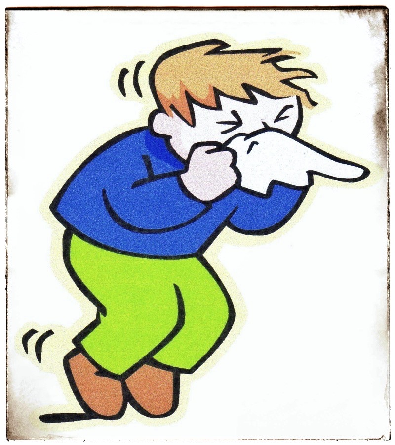 Cartoon of a blond-haired boy with blue top, green trousers, and brown shoes blowing his nose into a white handkerchief.
