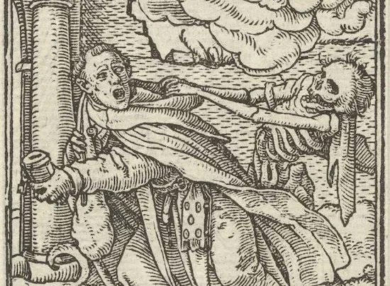 A woodcut print by Hans Holbein the Younger depicting a monk trying to flee death, who (represented by a skeleton) has a firm hold on his cowl. A dog flees the scene at the monk's feet. An hourglass is set upon the floor, its sand run out.