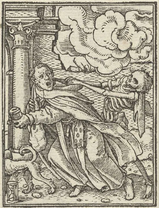 A woodcut print by Hans Holbein the Younger depicting a monk trying to flee death, who (represented by a skeleton) has a firm hold on his cowl. A dog flees the scene at the monk's feet. An hourglass is set upon the floor, its sand run out.