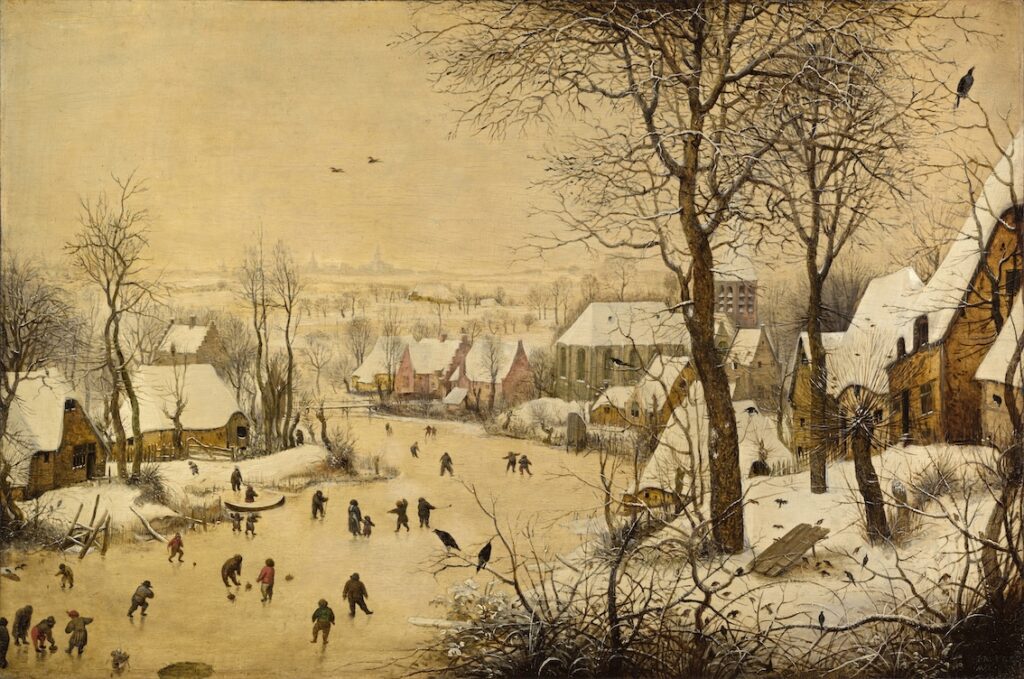 Image of Winter Landscape with a Bird Trap by Pieter Bruegel the Elder. It shows a frozen river wending off to the left, with houses on the banks on either side. (There's also a church to the right.) People are on the ice. Some are playing curling, some walking or sliding along. In the foreground to the right is a bird trap: a board of wood suspended on a pole. A rope leads from the pole towards one of the houses, ready to be pulled. Birds gather around it, perhaps looking for food.