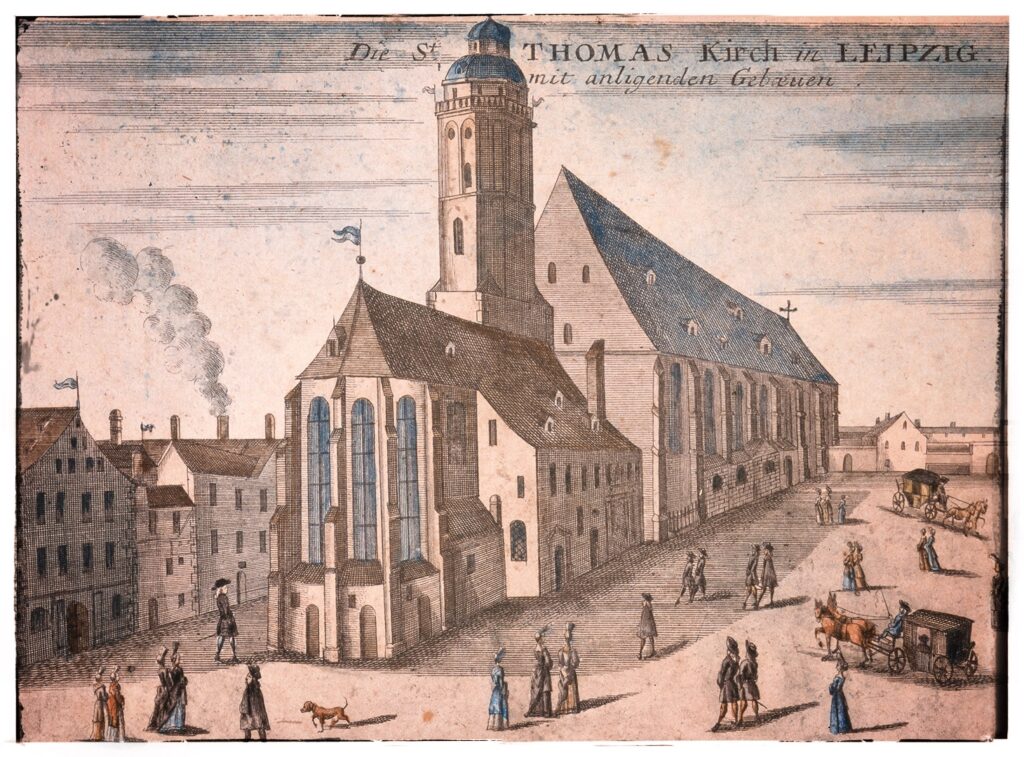 A sketch of the St Thomas church in Leipzig, perhaps from the 19th or 18th century. Several groups of folk in fine dress stand about outside. A few horse-drawn carriages come and go, a dog plays. In the background, a chimney smokes.