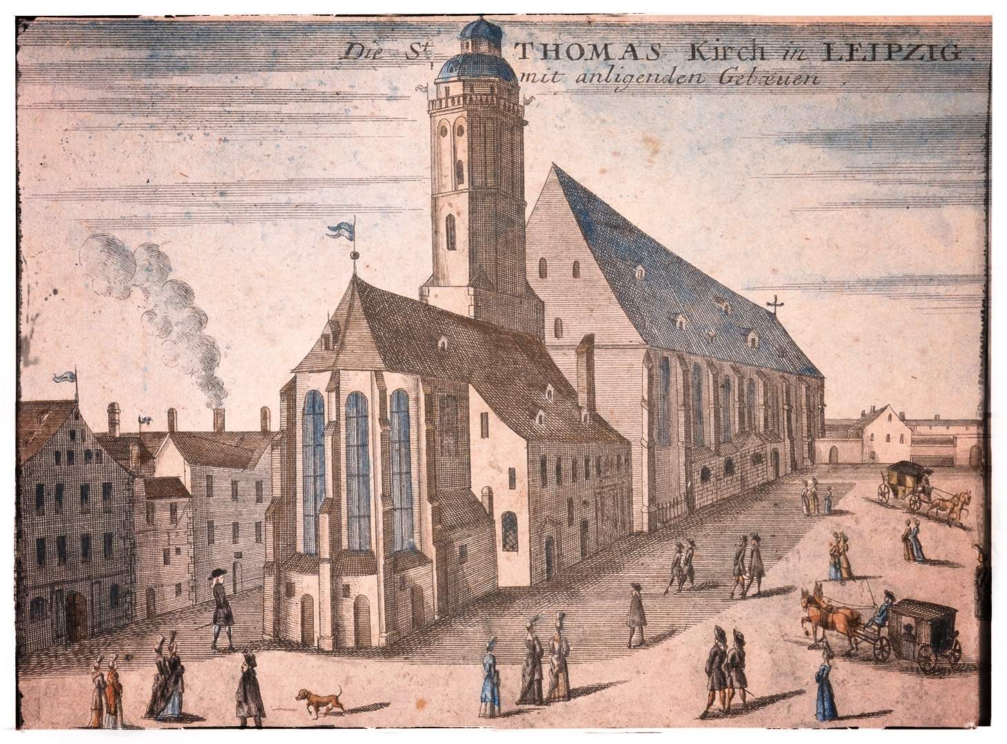 A sketch of the St Thomas church in Leipzig, perhaps from the 19th or 18th century. Several groups of folk in fine dress stand about outside. A few horse-drawn carriages come and go, a dog plays. In the background, a chimney smokes.