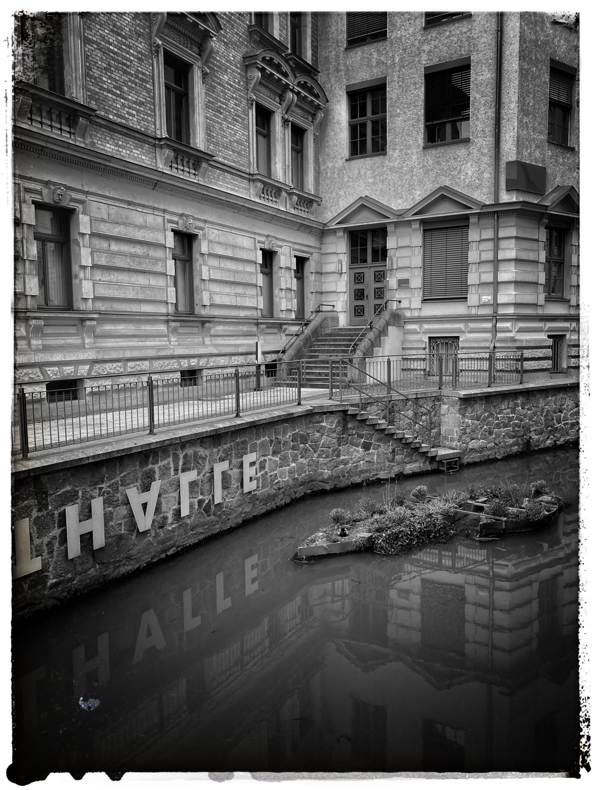 Photo showing a stretch of the Pleiße mill stream in Leipzig. The far bank has steps leading down to the water. Two large 19th century buildings fill the background. In the foreground, in the stream, is a little island for ducks and grebes.